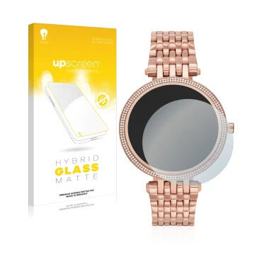 Vorderseite einer Produktverpackung mit dem Markenlogo upscreen. Daneben ist das Gerät Michael Kors Access Darci Gen 5E mit de