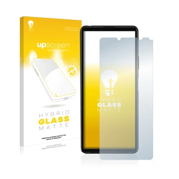 Vorderseite einer Produktverpackung mit dem Markenlogo upscreen. Daneben ist das Gerät Sony Xperia 10 III mit dem zugehörigen 