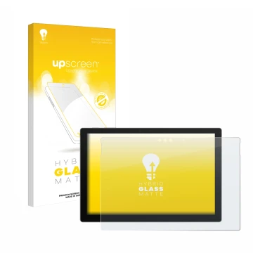 Vorderseite einer Produktverpackung mit dem Markenlogo upscreen. Daneben ist das Gerät Microsoft Surface Pro 7 Plus mit dem zu