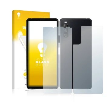 Vorderseite einer Produktverpackung mit dem Markenlogo upscreen. Daneben ist das Gerät Sony Xperia 10 III (Display+Rückseite) 