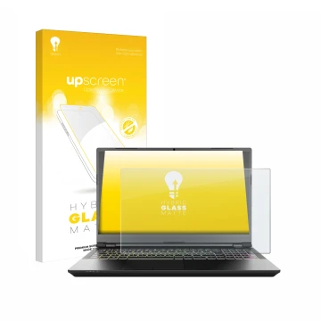 Vorderseite einer Produktverpackung mit dem Markenlogo upscreen. Daneben ist das Gerät Schenker XMG Pro 15