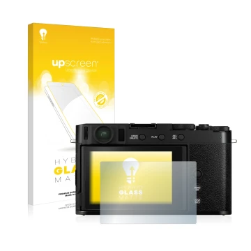 Vorderseite einer Produktverpackung mit dem Markenlogo upscreen. Daneben ist das Gerät Fujifilm X-E4 mit dem zugehörigen Displ