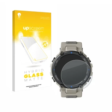 Vorderseite einer Produktverpackung mit dem Markenlogo upscreen. Daneben ist das Gerät Huami Amazfit T-Rex Pro mit dem zugehör