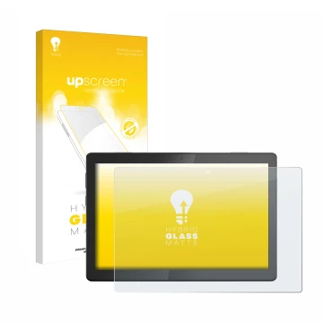 Vorderseite einer Produktverpackung mit dem Markenlogo upscreen. Daneben ist das Gerät Lenovo Tab M10 TB-X505F mit dem zugehör