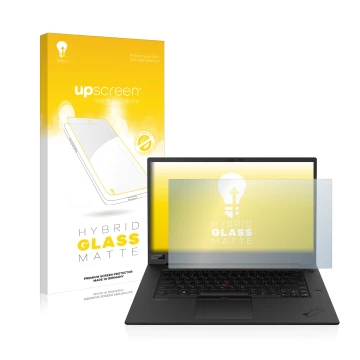 Vorderseite einer Produktverpackung mit dem Markenlogo upscreen. Daneben ist das Gerät Lenovo ThinkPad P1 Gen 3 mit dem zugehö