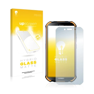 Vorderseite einer Produktverpackung mit dem Markenlogo upscreen. Daneben ist das Gerät Doogee S40 Pro mit dem zugehörigen Disp