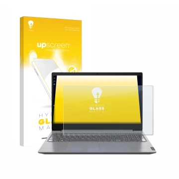 Vorderseite einer Produktverpackung mit dem Markenlogo upscreen. Daneben ist das Gerät Lenovo V15 82C500G4GE mit dem zugehörig