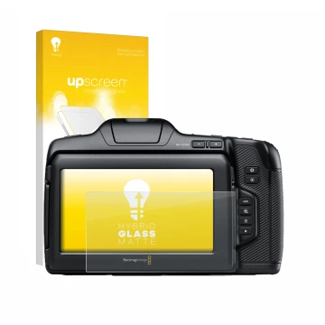 Vorderseite einer Produktverpackung mit dem Markenlogo upscreen. Daneben ist das Gerät Blackmagic Pocket Cinema Camera 6K Pro 