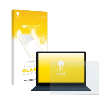 Vorderseite einer Produktverpackung mit dem Markenlogo upscreen. Daneben ist das Gerät Microsoft Surface Laptop 4 13.5