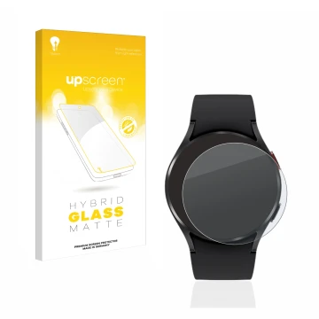 Vorderseite einer Produktverpackung mit dem Markenlogo upscreen. Daneben ist das Gerät Samsung Galaxy Watch 4 (40mm) mit dem z