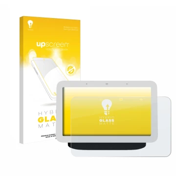 Vorderseite einer Produktverpackung mit dem Markenlogo upscreen. Daneben ist das Gerät Google Nest Hub 2 mit dem zugehörigen D