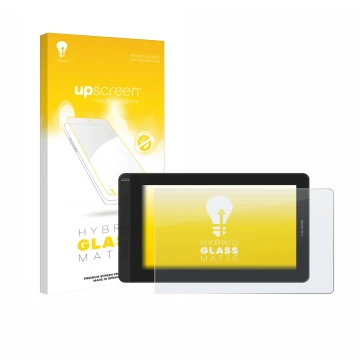 Vorderseite einer Produktverpackung mit dem Markenlogo upscreen. Daneben ist das Gerät Huion Kamvas 13 mit dem zugehörigen Dis