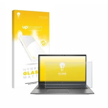 Vorderseite einer Produktverpackung mit dem Markenlogo upscreen. Daneben ist das Gerät HP ZBook Firefly 14 G8 mit dem zugehöri