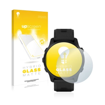 Vorderseite einer Produktverpackung mit dem Markenlogo upscreen. Daneben ist das Gerät Garmin Forerunner 945 LTE mit dem zugeh