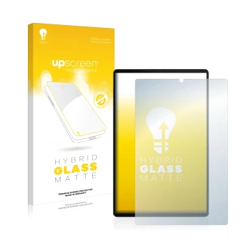 Vorderseite einer Produktverpackung mit dem Markenlogo upscreen. Daneben ist das Gerät Lenovo Tab M10 FHD Plus mit dem zugehör