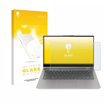 Vorderseite einer Produktverpackung mit dem Markenlogo upscreen. Daneben ist das Gerät Lenovo ThinkBook 14s Yoga mit dem zugeh