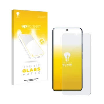 Vorderseite einer Produktverpackung mit dem Markenlogo upscreen. Daneben ist das Gerät Vivo V21 5G mit dem zugehörigen Display