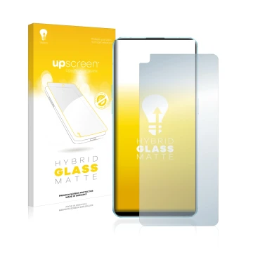 Vorderseite einer Produktverpackung mit dem Markenlogo upscreen. Daneben ist das Gerät Oppo Reno 6 5G mit dem zugehörigen Disp