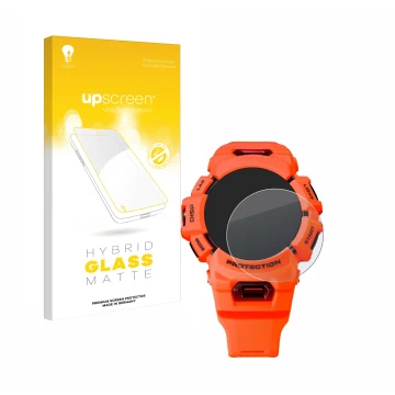 Vorderseite einer Produktverpackung mit dem Markenlogo upscreen. Daneben ist das Gerät Casio G-Shock GBA-900 mit dem zugehörig