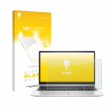 Vorderseite einer Produktverpackung mit dem Markenlogo upscreen. Daneben ist das Gerät HP ProBook 450 G8 mit dem zugehörigen D