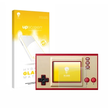 Vorderseite einer Produktverpackung mit dem Markenlogo upscreen. Daneben ist das Gerät Nintendo Game & Watch Super Mario Bros 