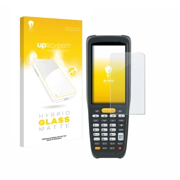 Vorderseite einer Produktverpackung mit dem Markenlogo upscreen. Daneben ist das Gerät Zebra MC2200 mit dem zugehörigen Displa