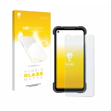 Vorderseite einer Produktverpackung mit dem Markenlogo upscreen. Daneben ist das Gerät Doogee S97 Pro mit dem zugehörigen Disp