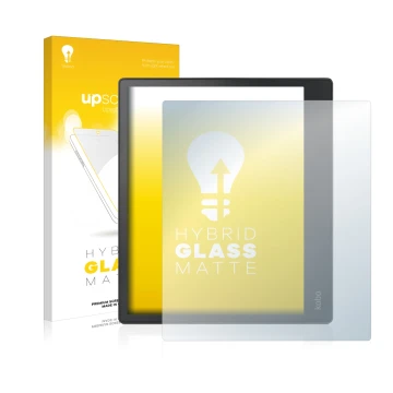 Vorderseite einer Produktverpackung mit dem Markenlogo upscreen. Daneben ist das Gerät Kobo Elipsa mit dem zugehörigen Display