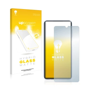 Vorderseite einer Produktverpackung mit dem Markenlogo upscreen. Daneben ist das Gerät Samsung Galaxy M22 mit dem zugehörigen 