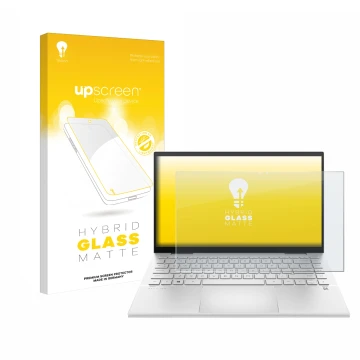 Vorderseite einer Produktverpackung mit dem Markenlogo upscreen. Daneben ist das Gerät HP Pavilion x360 (14-dyX) mit dem zugeh