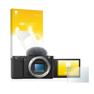 Vorderseite einer Produktverpackung mit dem Markenlogo upscreen. Daneben ist das Gerät Sony Alpha ZV-E10 mit dem zugehörigen D
