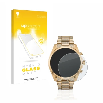 Vorderseite einer Produktverpackung mit dem Markenlogo upscreen. Daneben ist das Gerät Michael Kors Access Gen 6 Bradshaw mit 