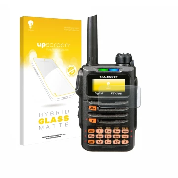 Vorderseite einer Produktverpackung mit dem Markenlogo upscreen. Daneben ist das Gerät Yaesu FT-70DR mit dem zugehörigen Displ