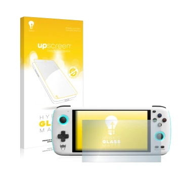 Vorderseite einer Produktverpackung mit dem Markenlogo upscreen. Daneben ist das Gerät AYN Odin mit dem zugehörigen Displaysch