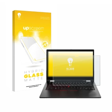 Vorderseite einer Produktverpackung mit dem Markenlogo upscreen. Daneben ist das Gerät Lenovo ThinkPad L13 Yoga Gen 2 mit dem 