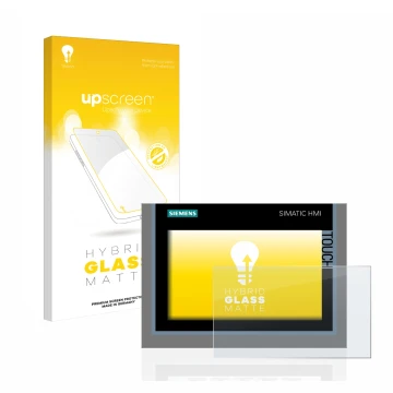 Vorderseite einer Produktverpackung mit dem Markenlogo upscreen. Daneben ist das Gerät Siemens Simatic HMI TP700 Comfort mit d