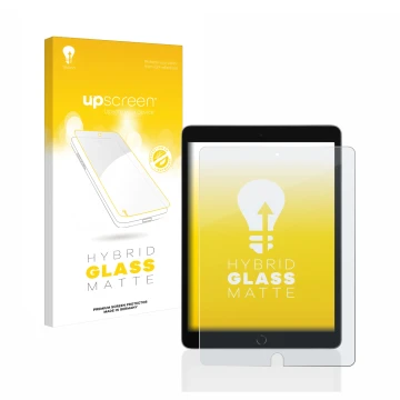 Vorderseite einer Produktverpackung mit dem Markenlogo upscreen. Daneben ist das Gerät Apple iPad 10.2