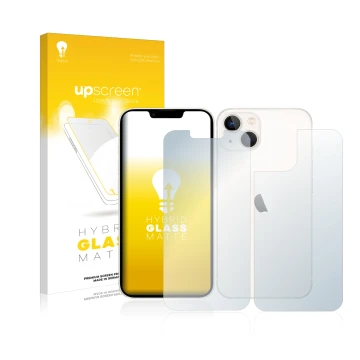 Vorderseite einer Produktverpackung mit dem Markenlogo upscreen. Daneben ist das Gerät Apple iPhone 13 (Display+Rückseite) mit