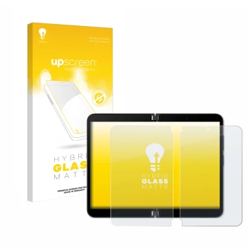 Vorderseite einer Produktverpackung mit dem Markenlogo upscreen. Daneben ist das Gerät Microsoft Surface Duo 2 (Inneres Displa