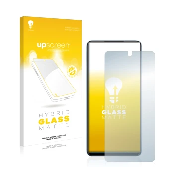 Vorderseite einer Produktverpackung mit dem Markenlogo upscreen. Daneben ist das Gerät Samsung Galaxy M52 5G mit dem zugehörig