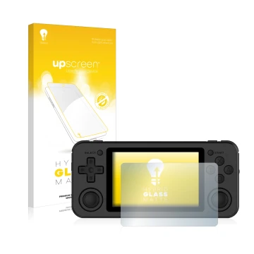 Vorderseite einer Produktverpackung mit dem Markenlogo upscreen. Daneben ist das Gerät Anbernic RG351P mit dem zugehörigen Dis