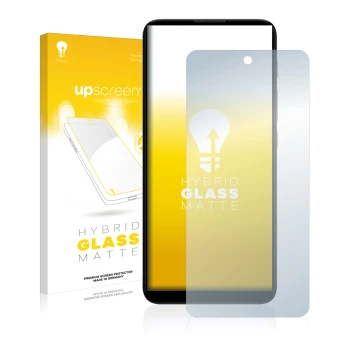 Vorderseite einer Produktverpackung mit dem Markenlogo upscreen. Daneben ist das Gerät Motorola Moto E40 mit dem zugehörigen D