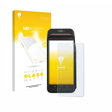 Vorderseite einer Produktverpackung mit dem Markenlogo upscreen. Daneben ist das Gerät ingenico Axium DX8000 mit dem zugehörig