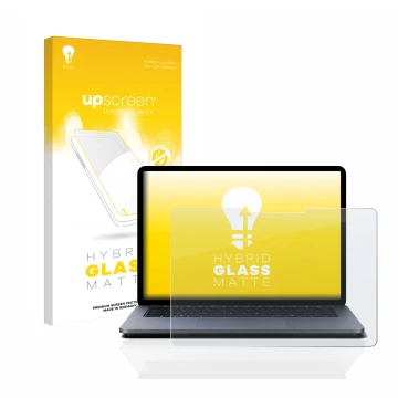 Vorderseite einer Produktverpackung mit dem Markenlogo upscreen. Daneben ist das Gerät Microsoft Surface Laptop Studio mit dem