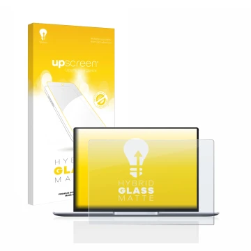 Vorderseite einer Produktverpackung mit dem Markenlogo upscreen. Daneben ist das Gerät Huawei MateBook 14 2021 mit dem zugehör