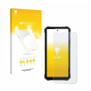 Vorderseite einer Produktverpackung mit dem Markenlogo upscreen. Daneben ist das Gerät Oukitel WP17 mit dem zugehörigen Displa