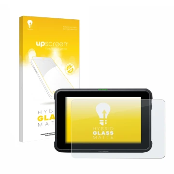 Vorderseite einer Produktverpackung mit dem Markenlogo upscreen. Daneben ist das Gerät Atomos Shinobi 7 mit dem zugehörigen Di