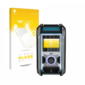 Vorderseite einer Produktverpackung mit dem Markenlogo upscreen. Daneben ist das Gerät Makita DMR115 mit dem zugehörigen Displ