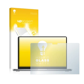 Vorderseite einer Produktverpackung mit dem Markenlogo upscreen. Daneben ist das Gerät Apple MacBook Pro 14