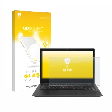 Vorderseite einer Produktverpackung mit dem Markenlogo upscreen. Daneben ist das Gerät Lenovo ThinkPad T14s Gen 2 mit dem zuge